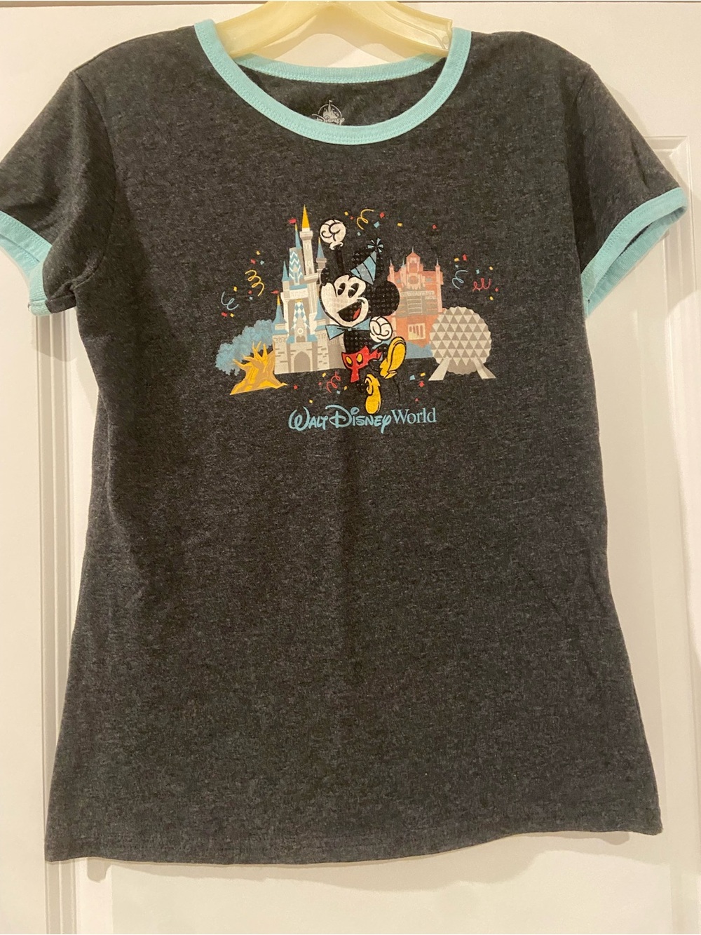 Disney Women’s small Charcoal Mickey Ringer Tee with Mint Trim
